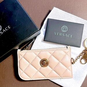Authentic VERSACE Pink Quilted Leather Zip Card Case Wallet W/ Box & Dust Bag